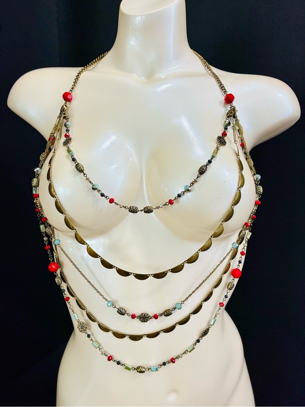 Boho Multi-Layered Bronze Necklace with Red Faceted Glass Beads Boho Gypsy Style